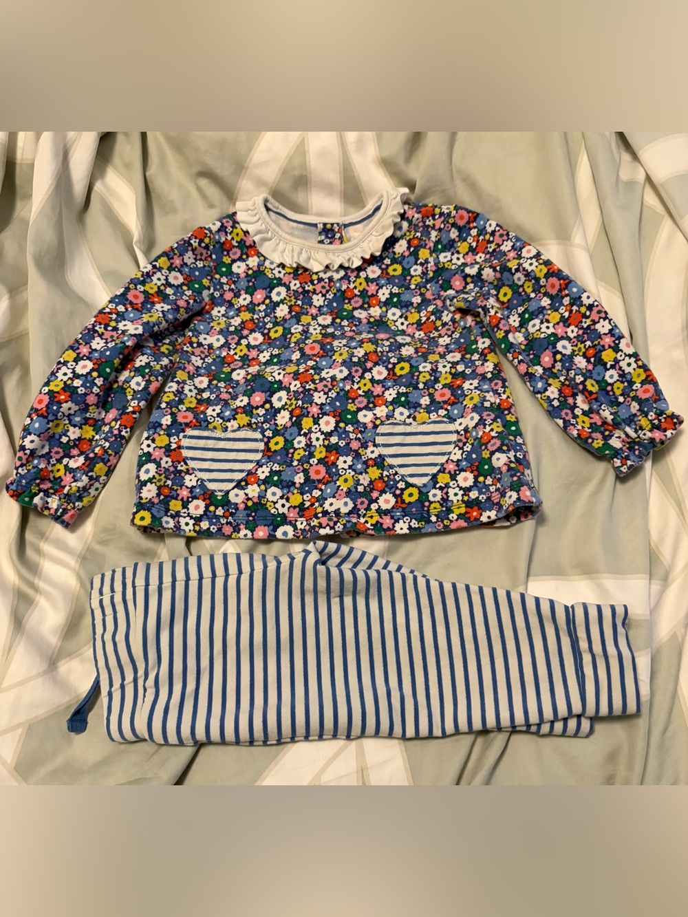 Baby Boden Multicolor Floral Long-Sleeve Set with Blue Stripe Hearts